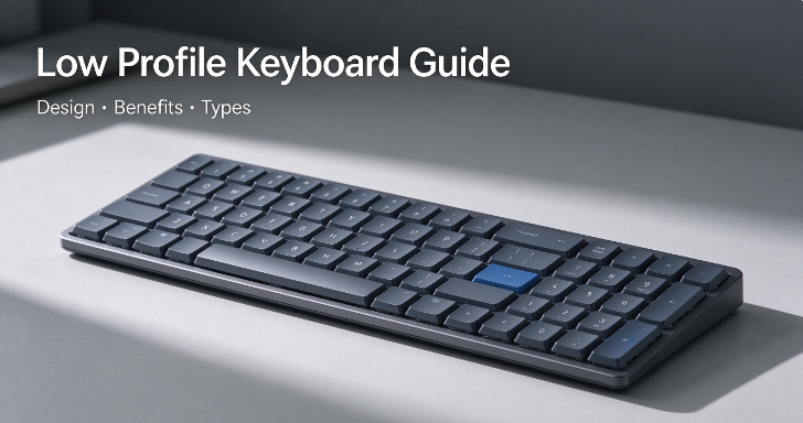 Illustration of a slim low-profile keyboard on a desk